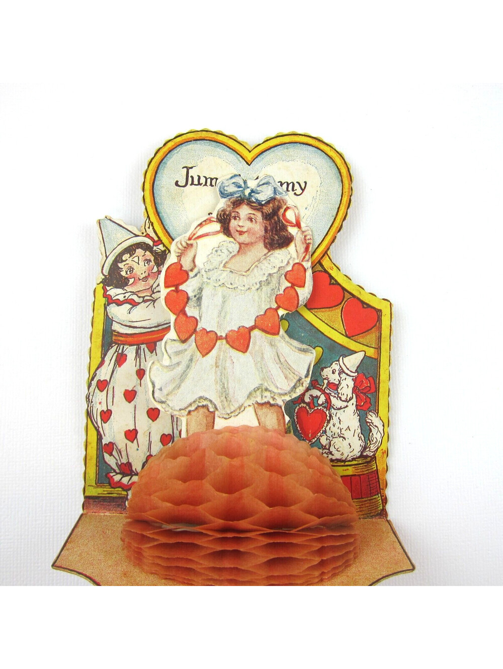 Antique Valentine Honeycomb 3D Pop Up Diecut Girl Boy Clown White Dog Fish Heart